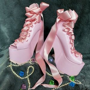 YRU Baby Pink Platform Ribbon Heels